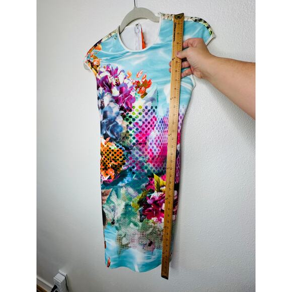 Clover Canyon Pool Flower Neoprene MultiColor Aqua Bodycon Dress XS - Picture 10 of 12